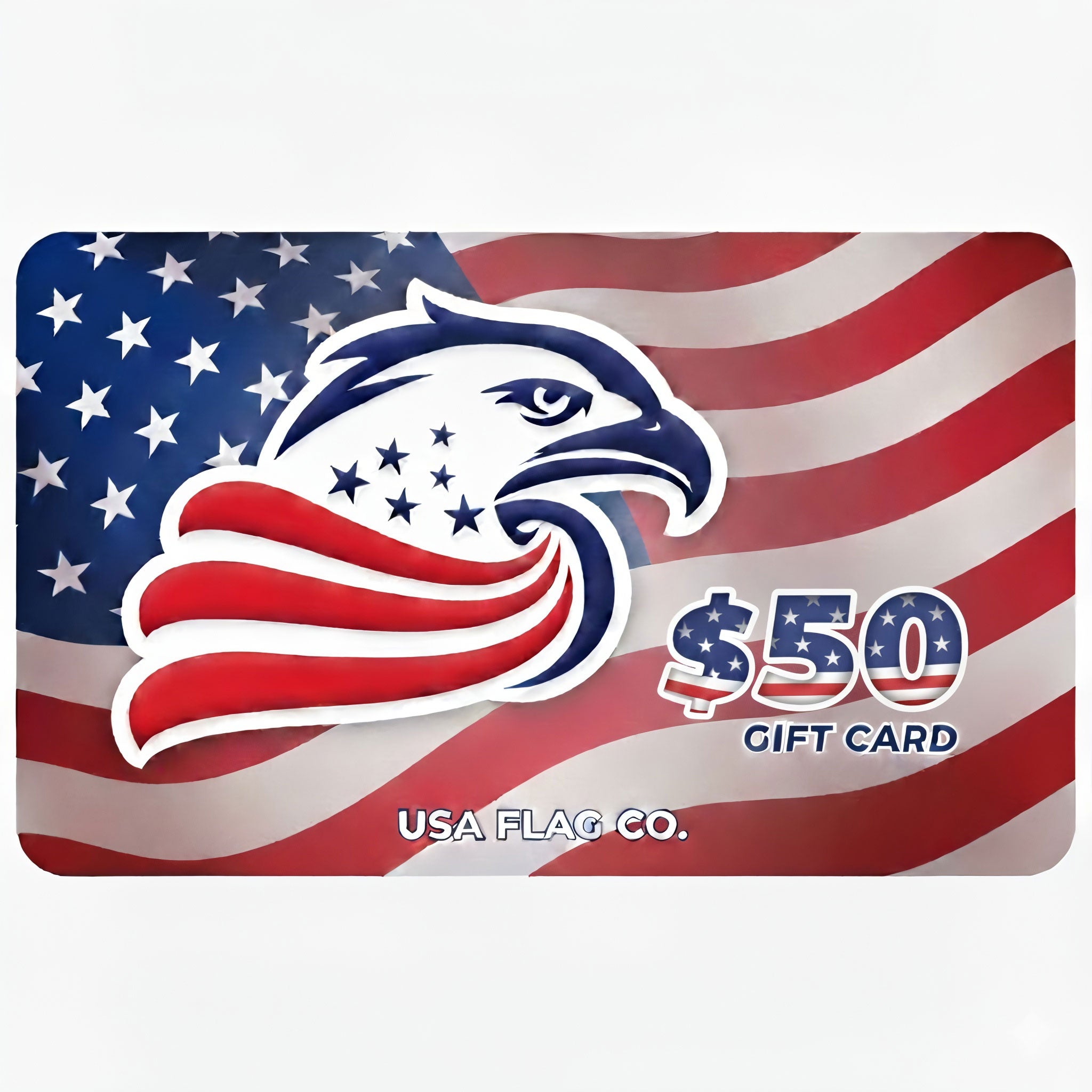 USA Flag Co. gift card with an eagle design on a white background