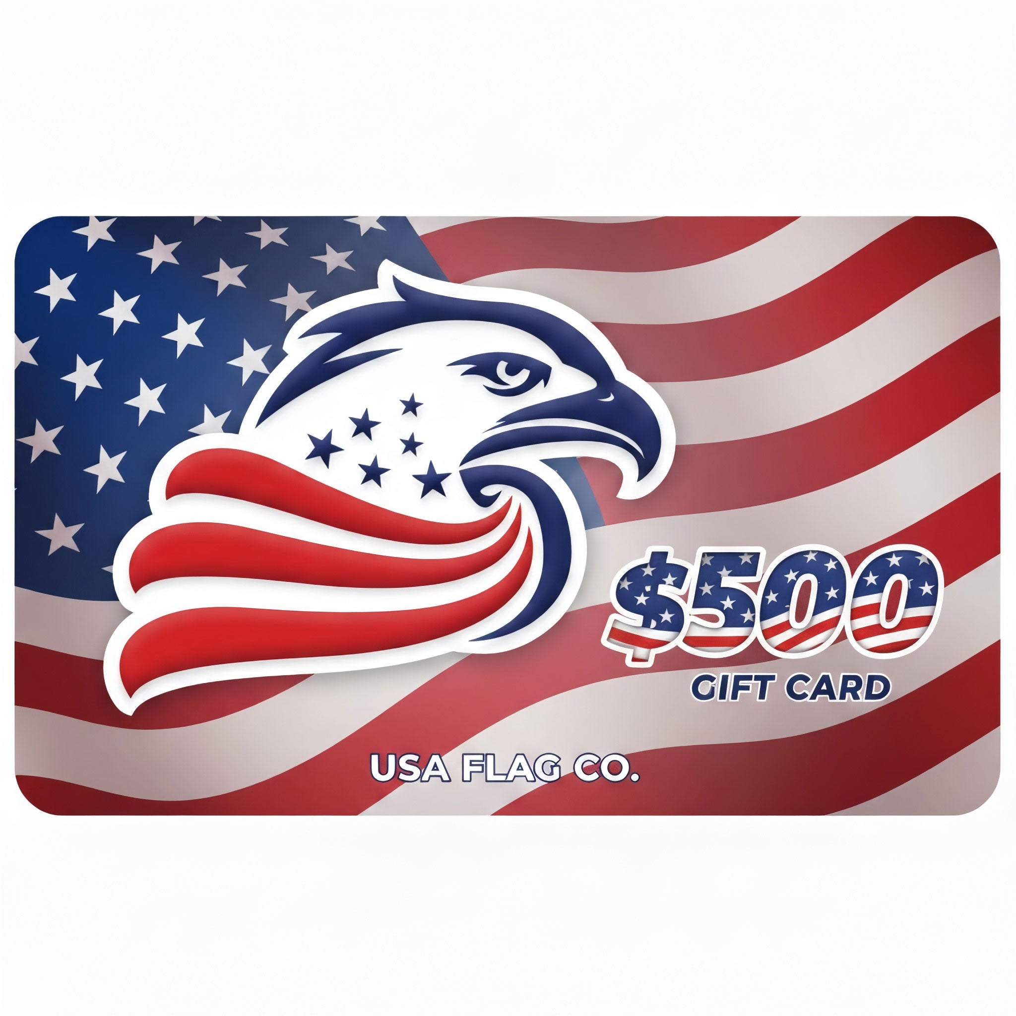 USA Flag Co. gift card with an eagle design and $500 denomination on a white background