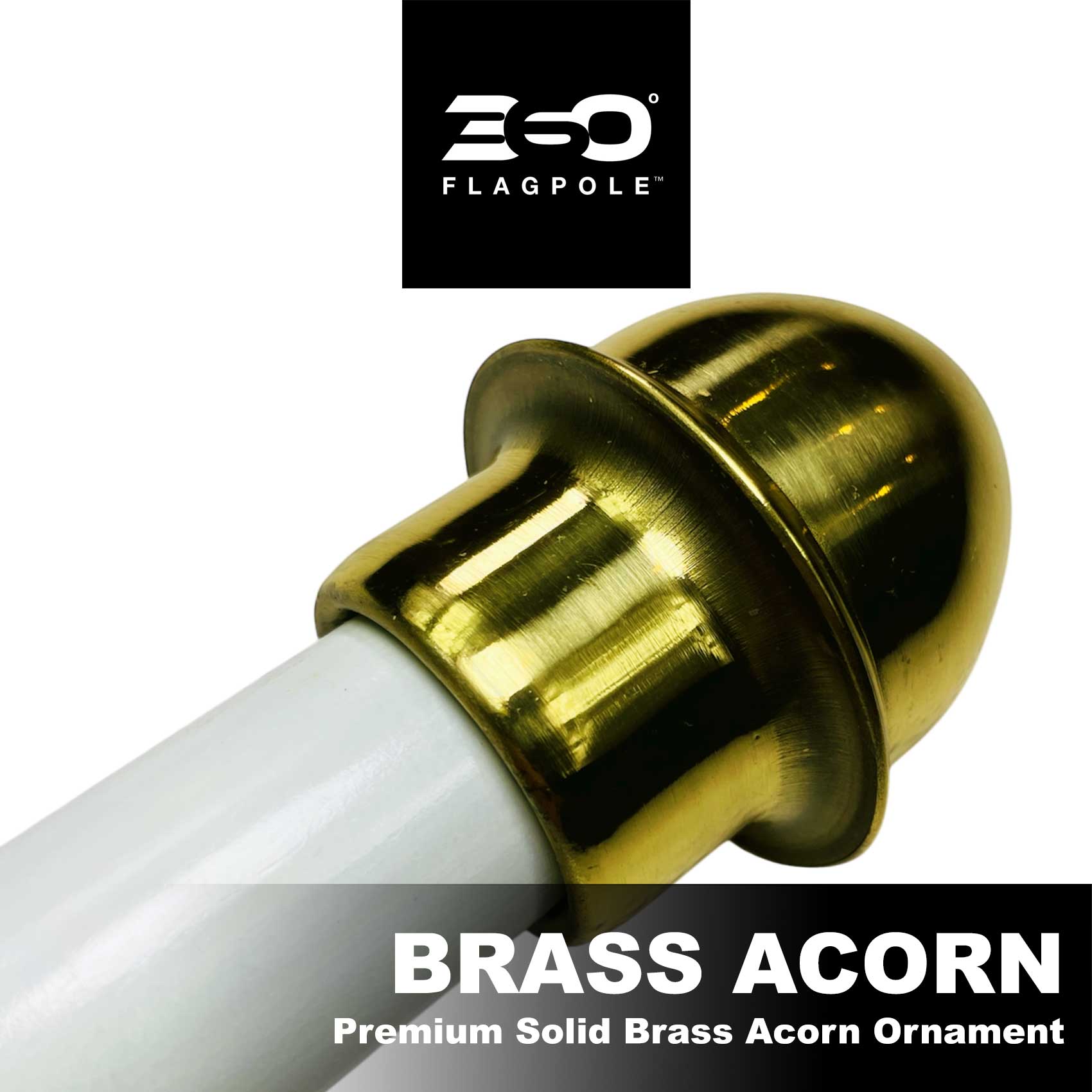 Brass acorn ornament on a white background with ESO Flagpole logo.