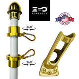Gold flagpole hardware with 360-degree rotation feature, ESO Flagpole branding, and Made in the USA label.