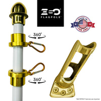 Gold flagpole spinner with 360-degree rotation feature on a white background, featuring ESO Flagpole branding.