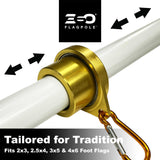 Gold flagpole bracket on a white background with ESO Flagpole branding.