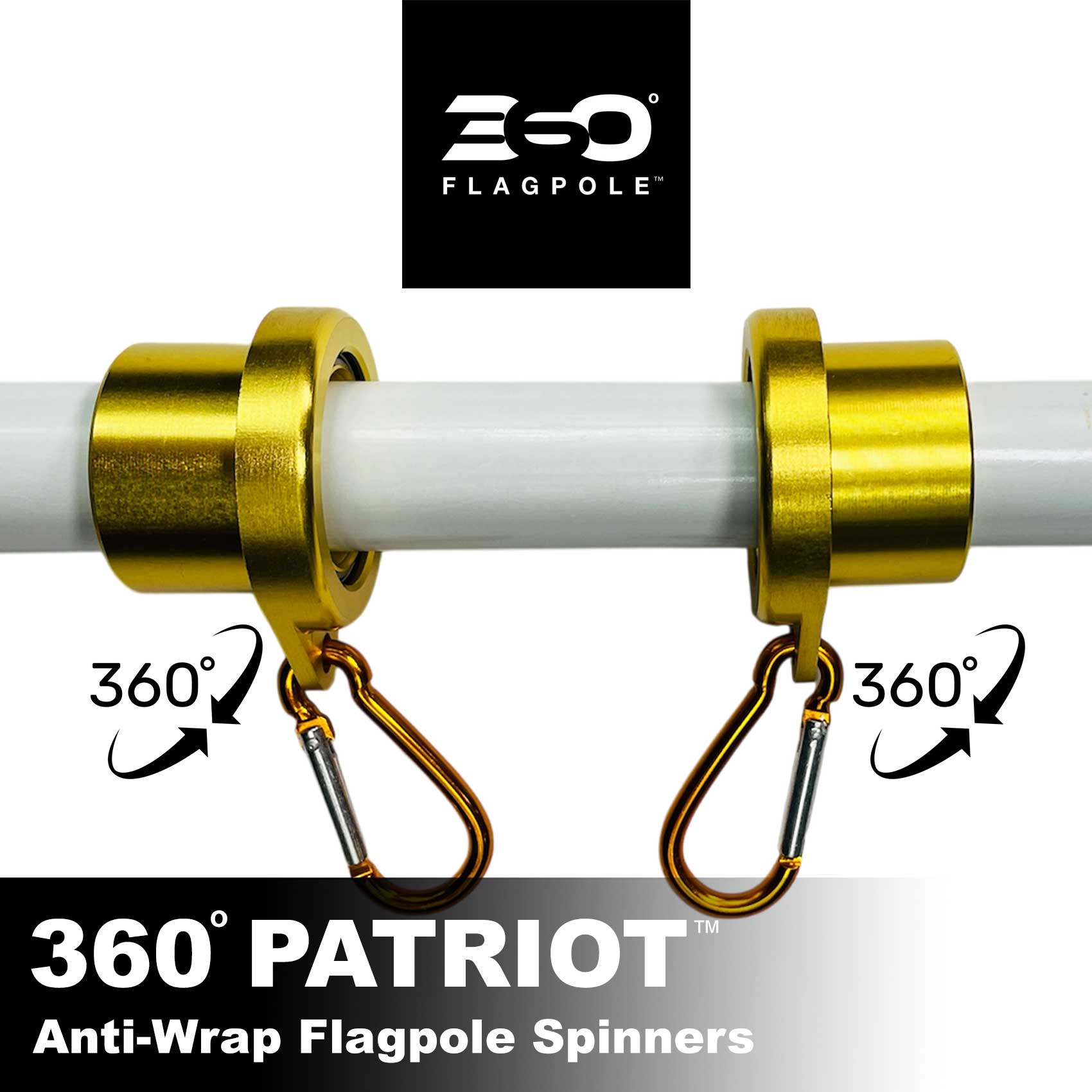 360° Patriot anti-wrap flagpole spinner with gold and white design on a white background, featuring ESO Flagpole logo.