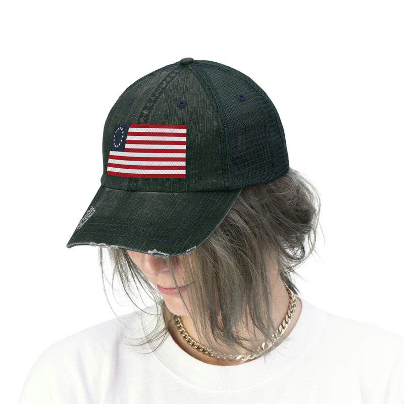 Betsy Ross Flag Distressed Unisex Trucker Hat (Embroidered Flag)