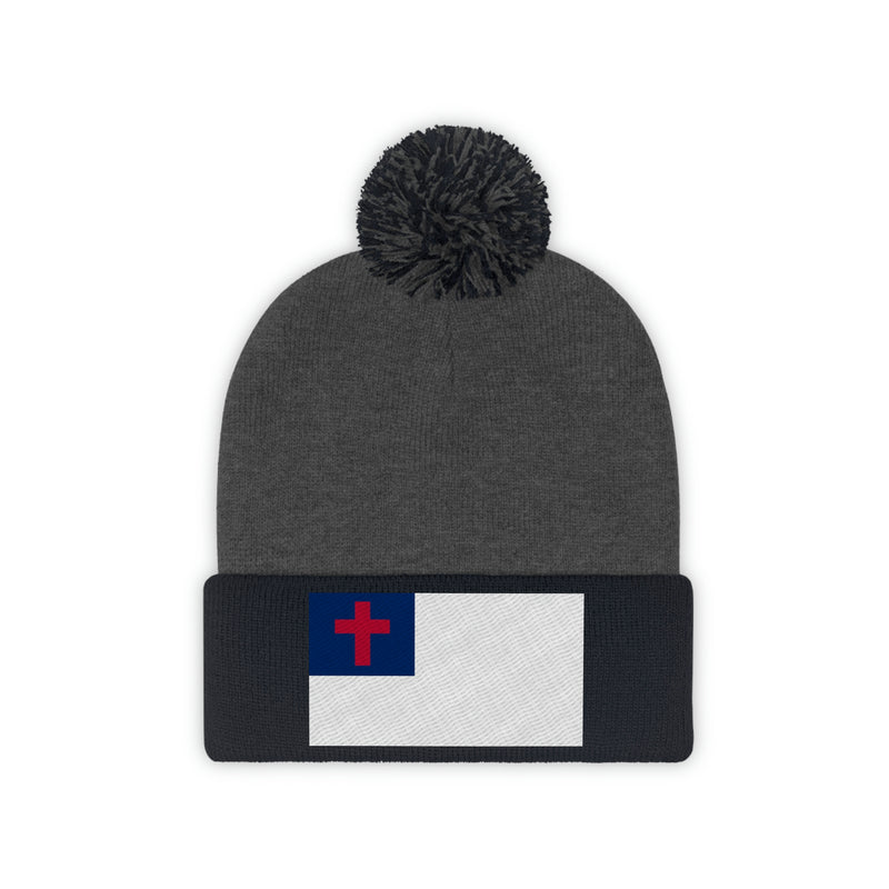 Christian Flag Pom Pom Beanie (Fully Embroidered Flag)