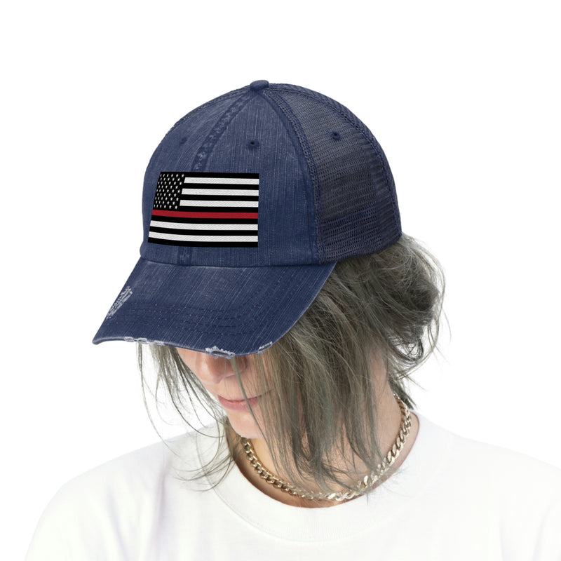 Thin Red Line Flag Distressed Unisex Trucker Hat (Embroidered Flag)