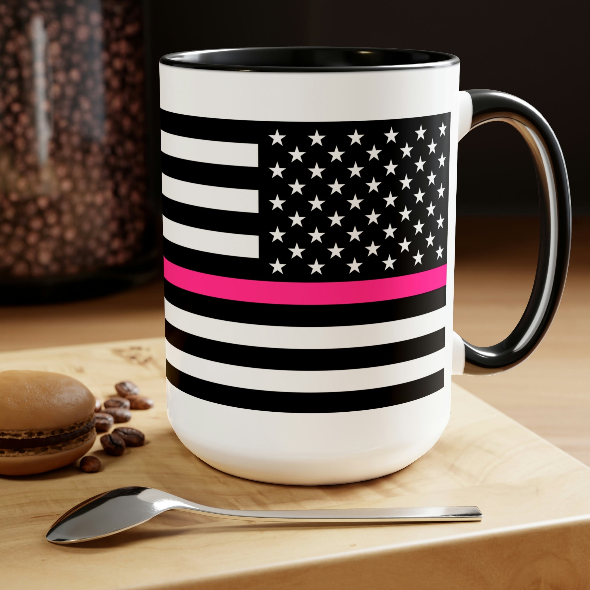 Two-Tone Thin Pink Line Flag Coffee Mugs, 15oz
