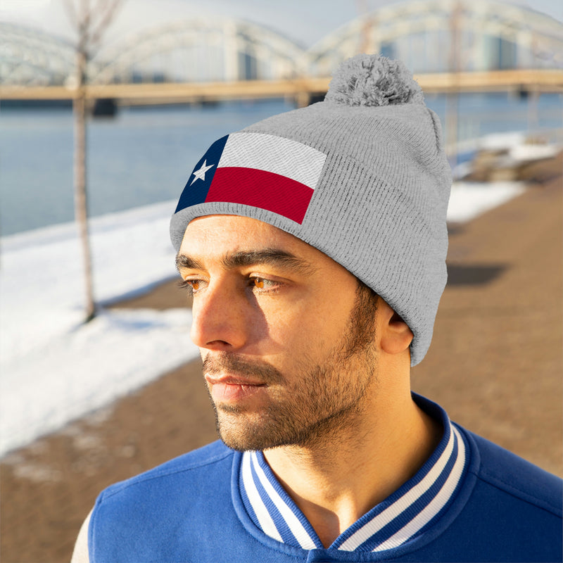 Texas Flag Pom Pom Beanie (Fully Embroidered Flag)
