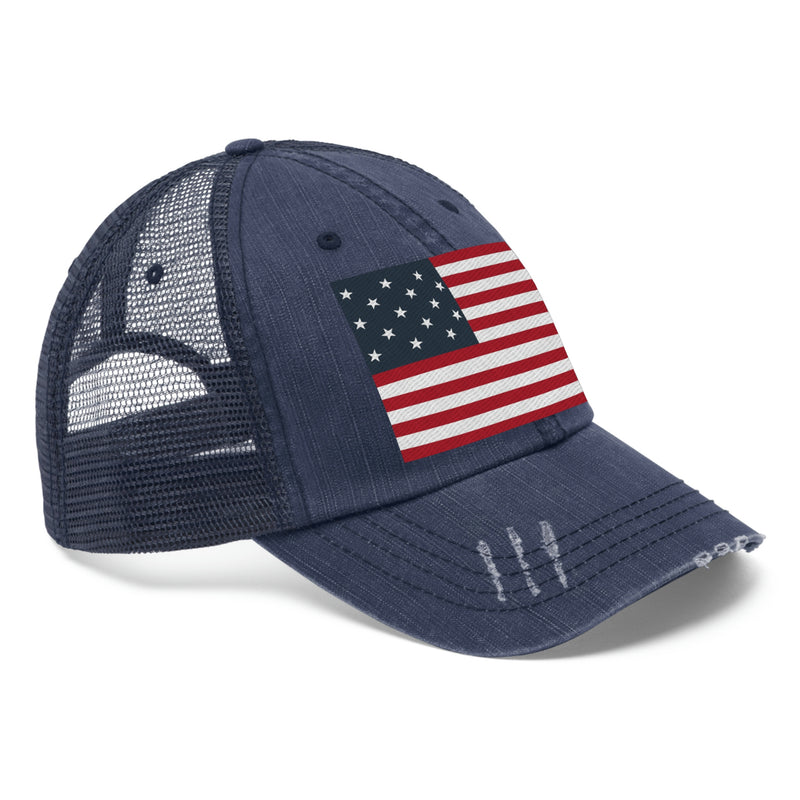 Star Spangled Banner Flag Distressed Unisex Trucker Hat (Embroidered Flag)