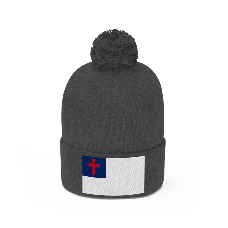 Christian Flag Pom Pom Beanie (Fully Embroidered Flag)