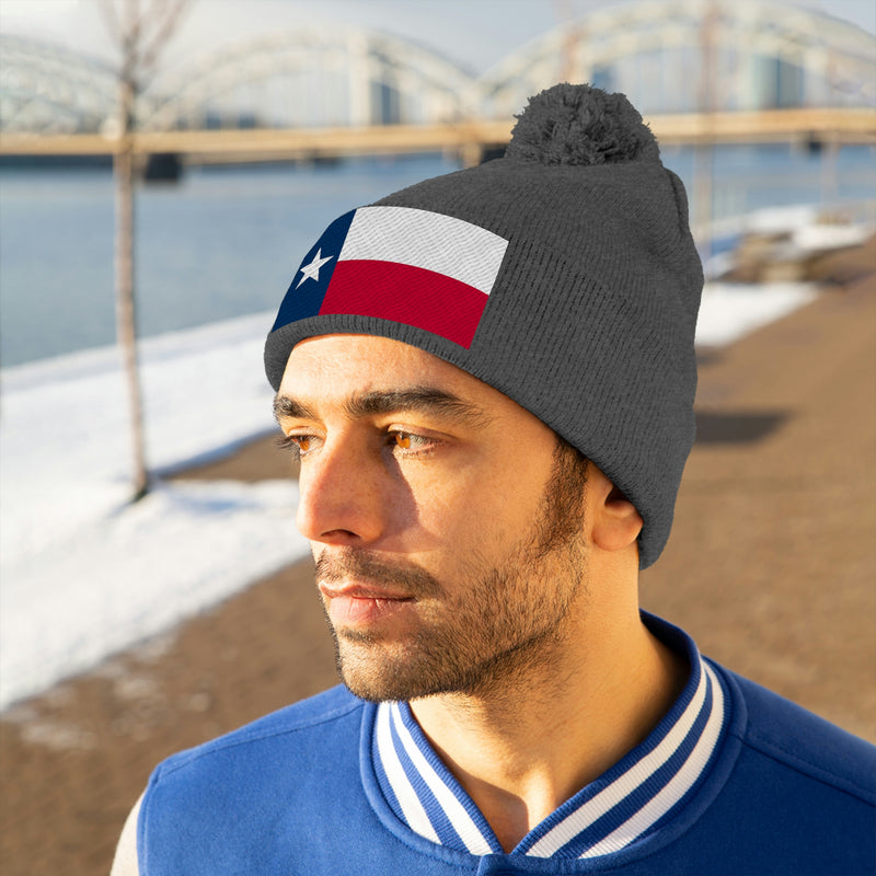 Texas Flag Pom Pom Beanie (Fully Embroidered Flag)