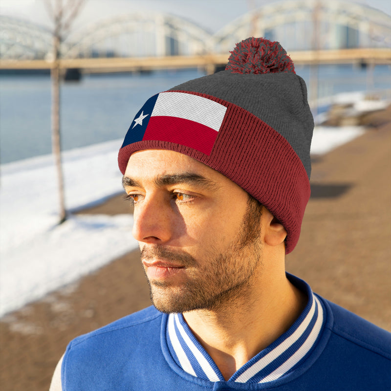 Texas Flag Pom Pom Beanie (Fully Embroidered Flag)
