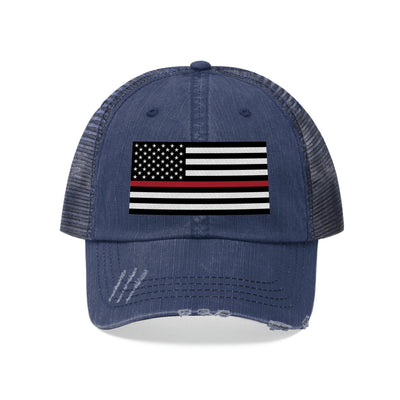 Thin Red Line Flag Distressed Unisex Trucker Hat (Embroidered Flag)