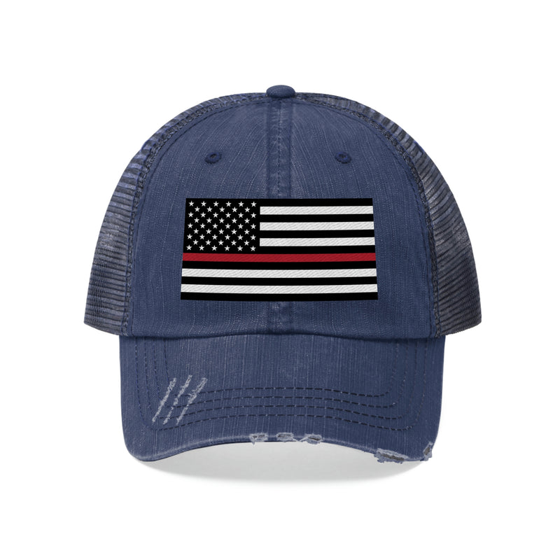 Thin Red Line Flag Distressed Unisex Trucker Hat (Embroidered Flag)