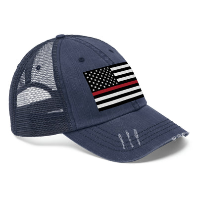 Thin Red Line Flag Distressed Unisex Trucker Hat (Embroidered Flag)