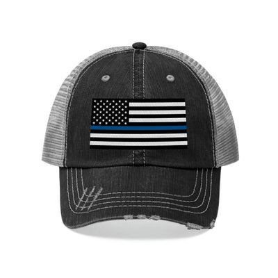Thin Blue Line Flag Distressed Unisex Trucker Hat (Embroidered Flag)