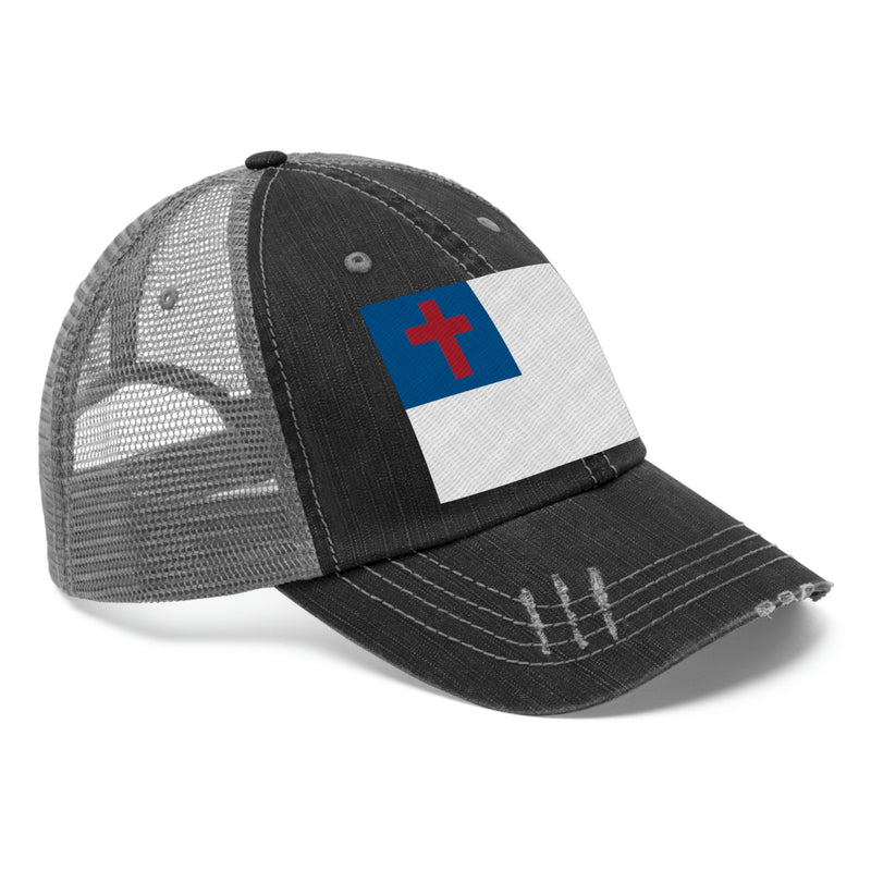 Christian Flag Distressed Unisex Trucker Hat (Embroidered Flag)