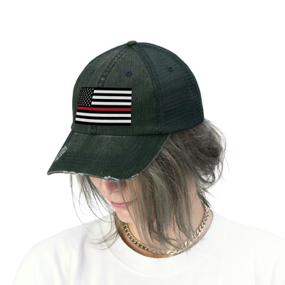 Thin Red Line Flag Distressed Unisex Trucker Hat (Embroidered Flag)