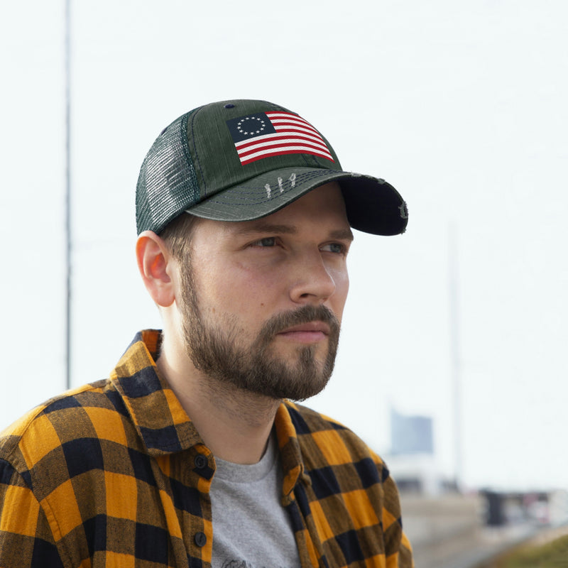 Betsy Ross Flag Distressed Unisex Trucker Hat (Embroidered Flag)