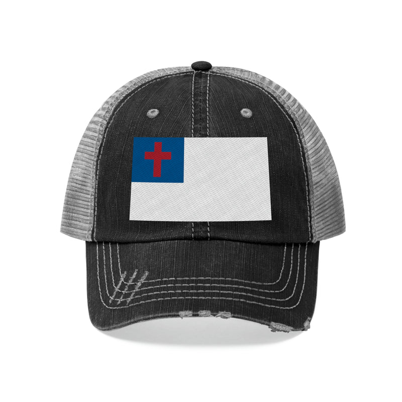 Christian Flag Distressed Unisex Trucker Hat (Embroidered Flag)