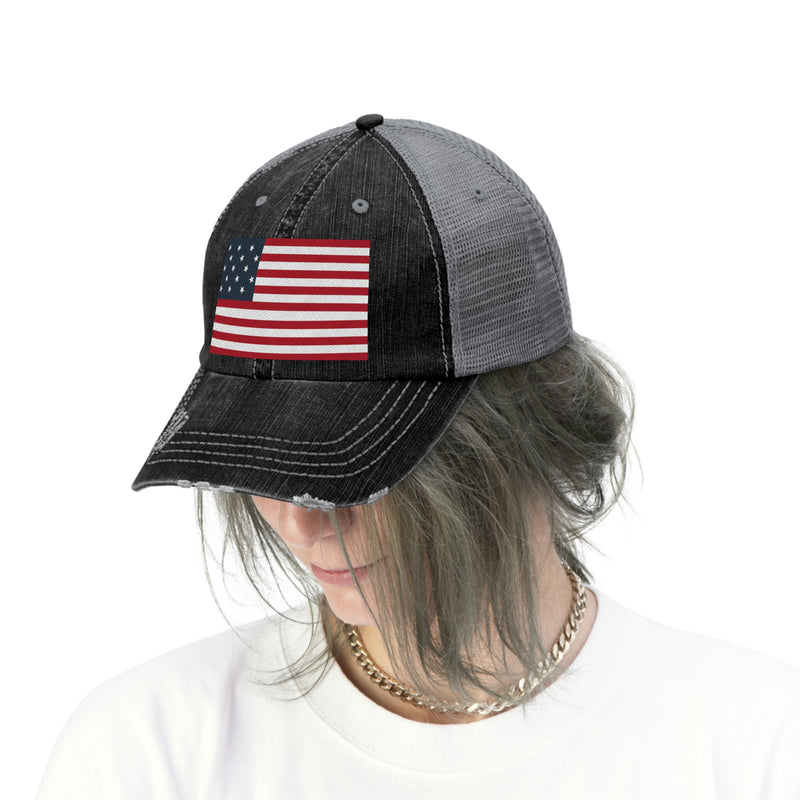 Star Spangled Banner Flag Distressed Unisex Trucker Hat (Embroidered Flag)