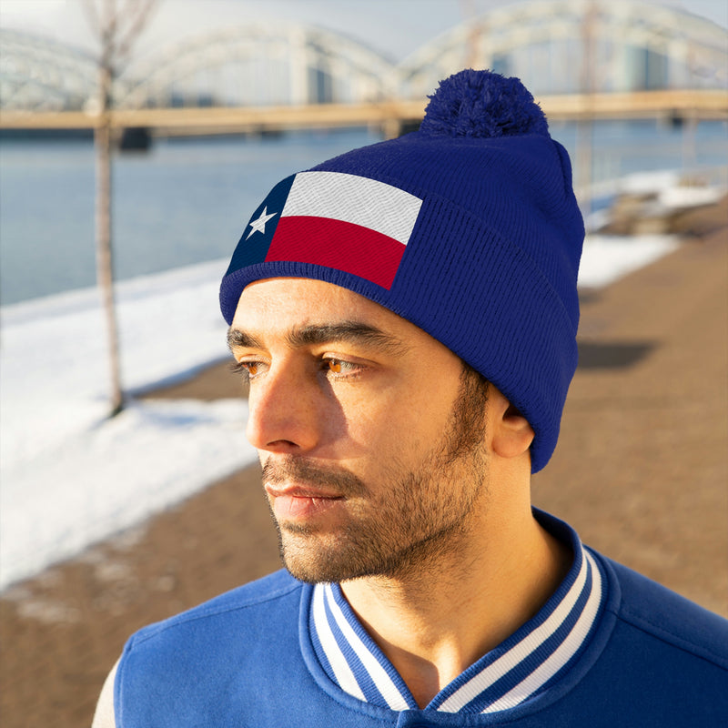 Texas Flag Pom Pom Beanie (Fully Embroidered Flag)