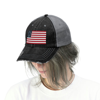 Betsy Ross Flag Distressed Unisex Trucker Hat (Embroidered Flag)