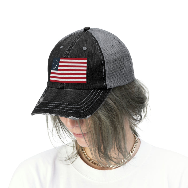 Betsy Ross Flag Distressed Unisex Trucker Hat (Embroidered Flag)