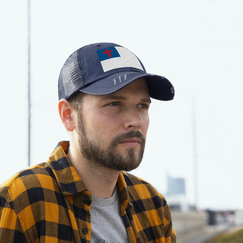 Christian Flag Distressed Unisex Trucker Hat (Embroidered Flag)