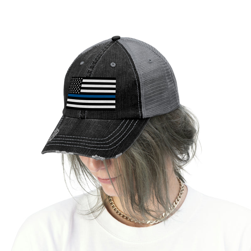Thin Blue Line Flag Distressed Unisex Trucker Hat (Embroidered Flag)