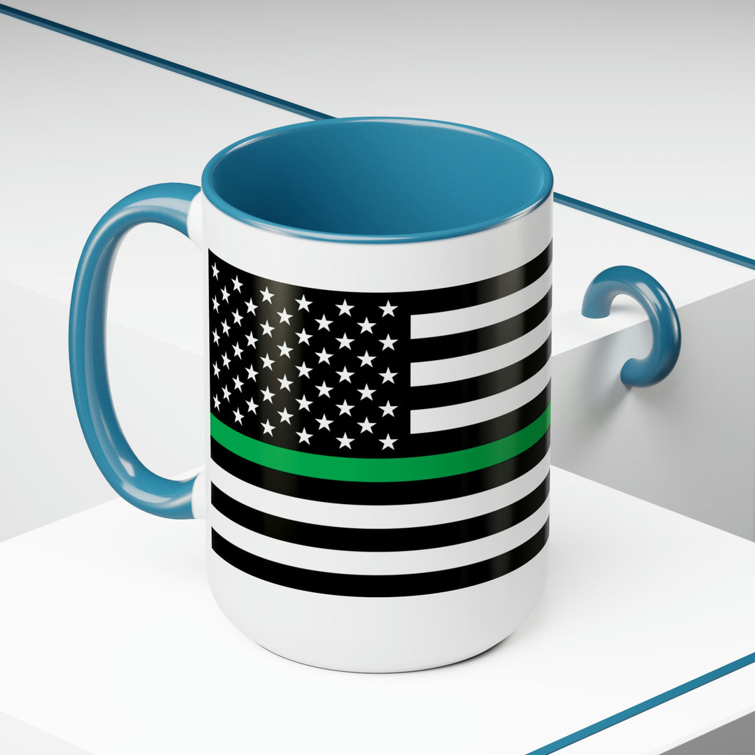 Two-Tone Thin Green Line Flag Coffee Mugs, 15oz