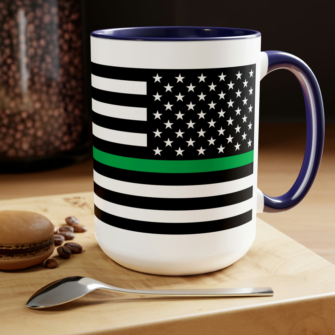 Two-Tone Thin Green Line Flag Coffee Mugs, 15oz