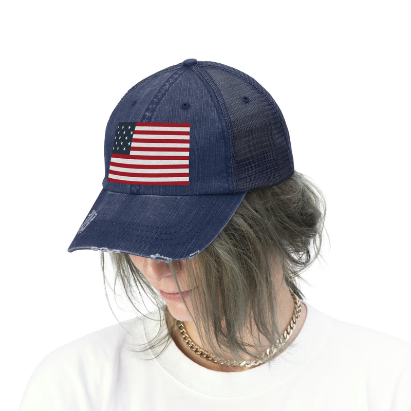 Star Spangled Banner Flag Distressed Unisex Trucker Hat (Embroidered Flag)