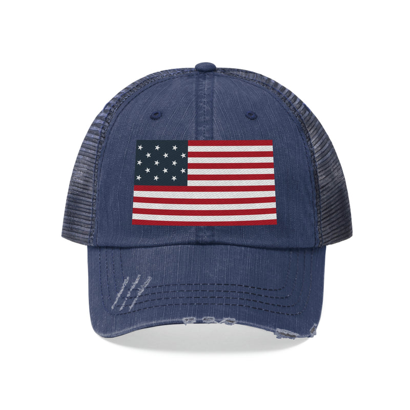 Star Spangled Banner Flag Distressed Unisex Trucker Hat (Embroidered Flag)