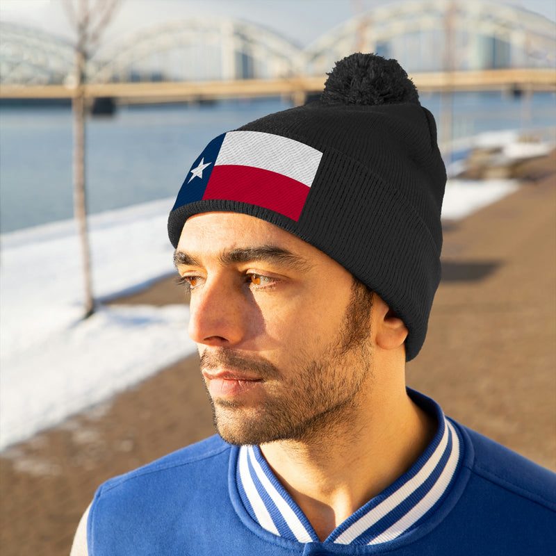 Texas Flag Pom Pom Beanie (Fully Embroidered Flag)