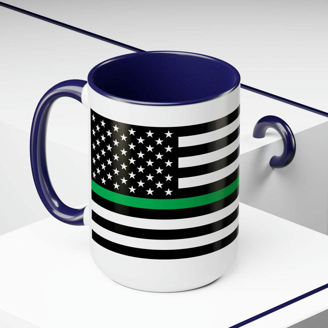 Two-Tone Thin Green Line Flag Coffee Mugs, 15oz