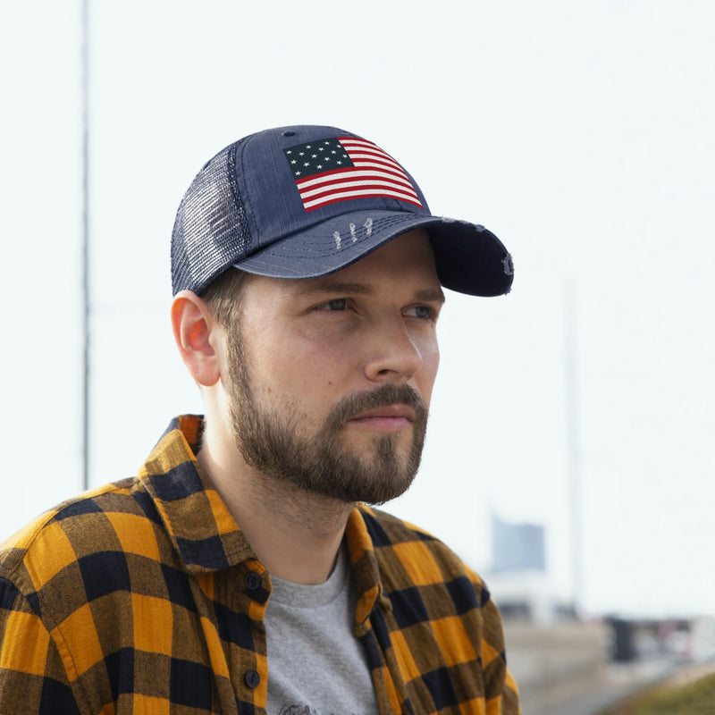 Star Spangled Banner Flag Distressed Unisex Trucker Hat (Embroidered Flag)