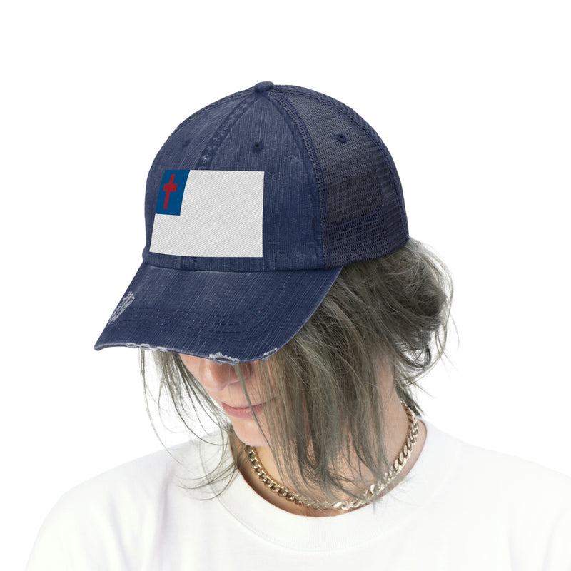 Christian Flag Distressed Unisex Trucker Hat (Embroidered Flag)