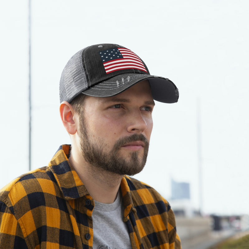 Star Spangled Banner Flag Distressed Unisex Trucker Hat (Embroidered Flag)