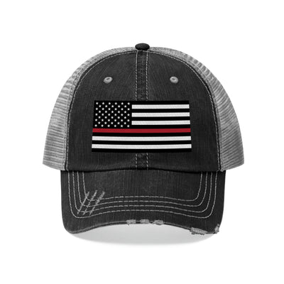 Thin Red Line Flag Distressed Unisex Trucker Hat (Embroidered Flag)