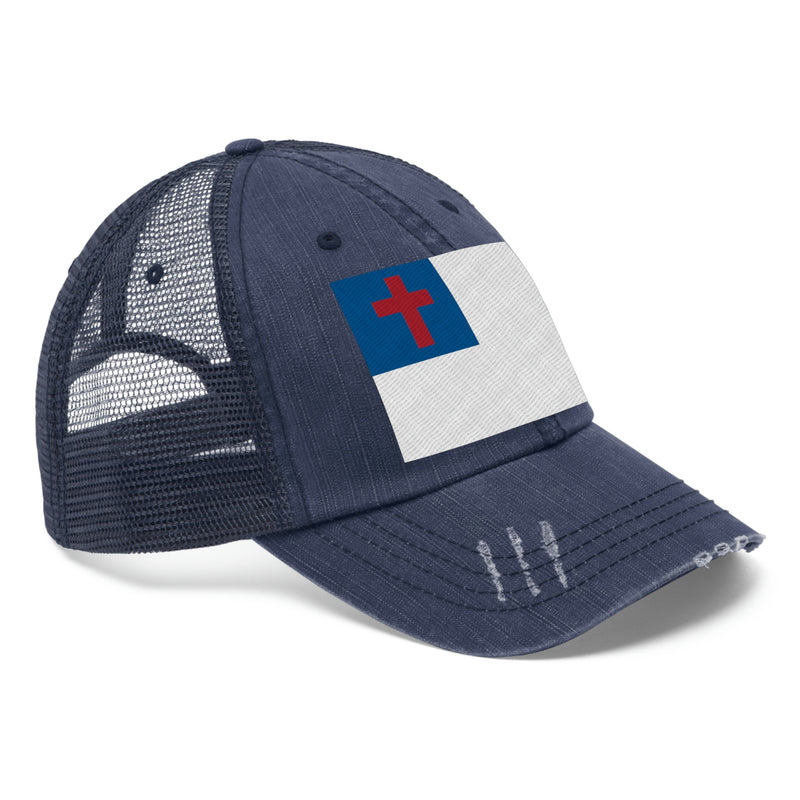 Christian Flag Distressed Unisex Trucker Hat (Embroidered Flag)