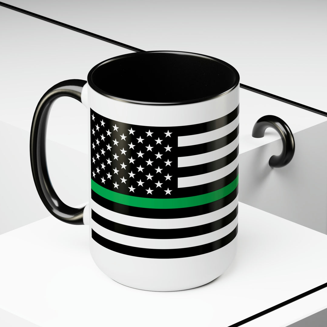 Two-Tone Thin Green Line Flag Coffee Mugs, 15oz