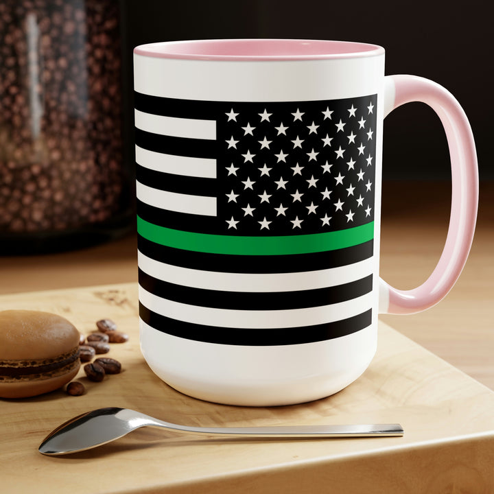 Two-Tone Thin Green Line Flag Coffee Mugs, 15oz