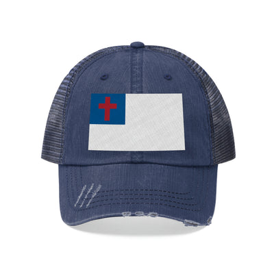 Christian Flag Distressed Unisex Trucker Hat (Embroidered Flag)