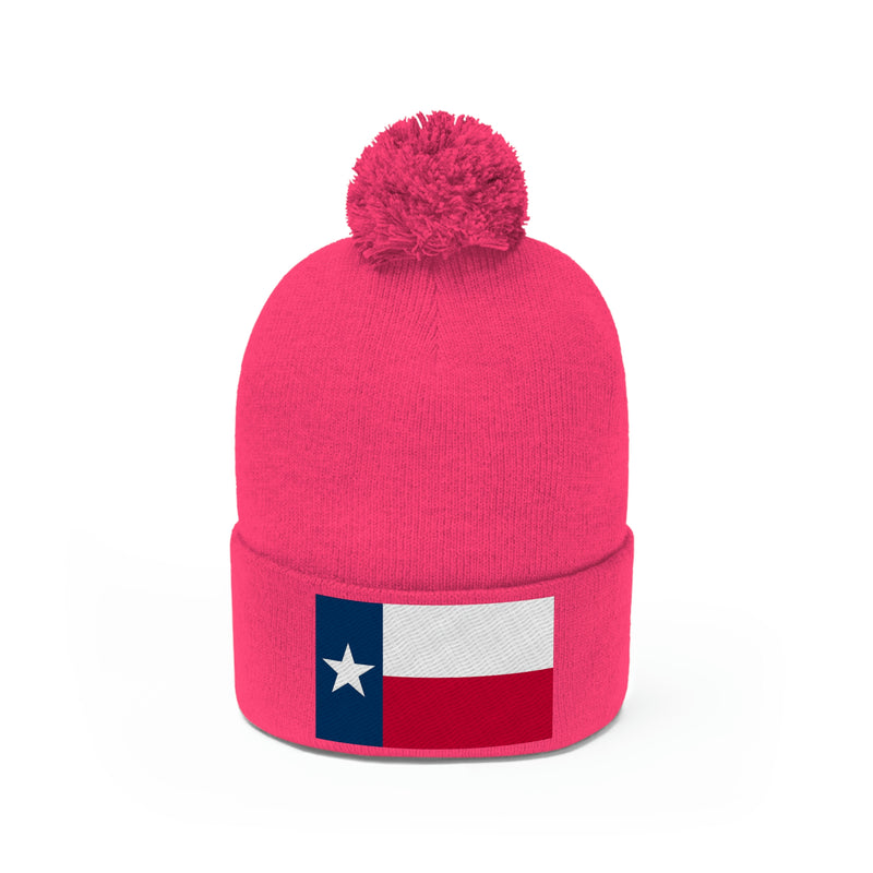 Texas Flag Pom Pom Beanie (Fully Embroidered Flag)