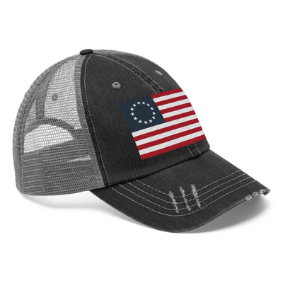 Betsy Ross Flag Distressed Unisex Trucker Hat (Embroidered Flag)