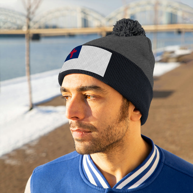 Christian Flag Pom Pom Beanie (Fully Embroidered Flag)