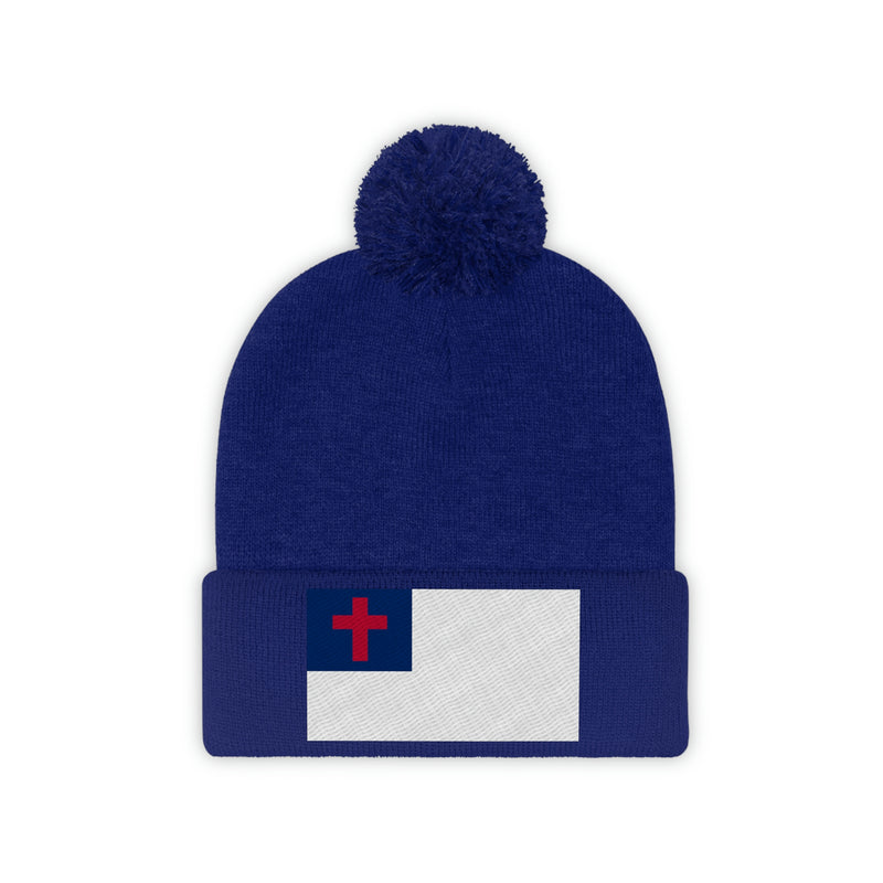 Christian Flag Pom Pom Beanie (Fully Embroidered Flag)