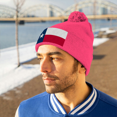 Texas Flag Pom Pom Beanie (Fully Embroidered Flag)