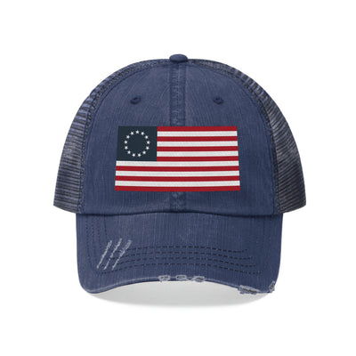 Betsy Ross Flag Distressed Unisex Trucker Hat (Embroidered Flag)
